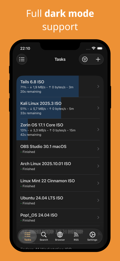 DS Download Manager - DS Download Manager app tasks screen showing multiple active and completed downloads in dark mode