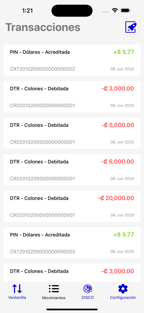 ARi: Finanzas Para Humanos - The transaction history screen of the ARi app showing recent credit and debit movements in different currencies