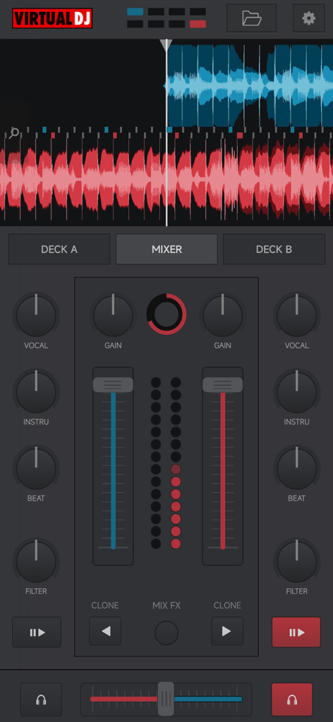 VirtualDJ Remote - Mixer interface of the VirtualDJ Remote app featuring channel faders and audio waveforms
