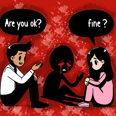2 people talking 1 asks are you ok the other says im fine while having a shadow crying