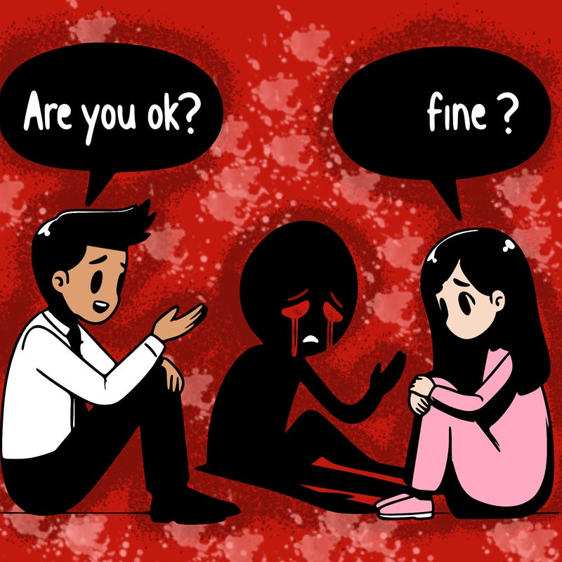 2 people talking 1 asks are you ok the other says im fine while having a shadow crying