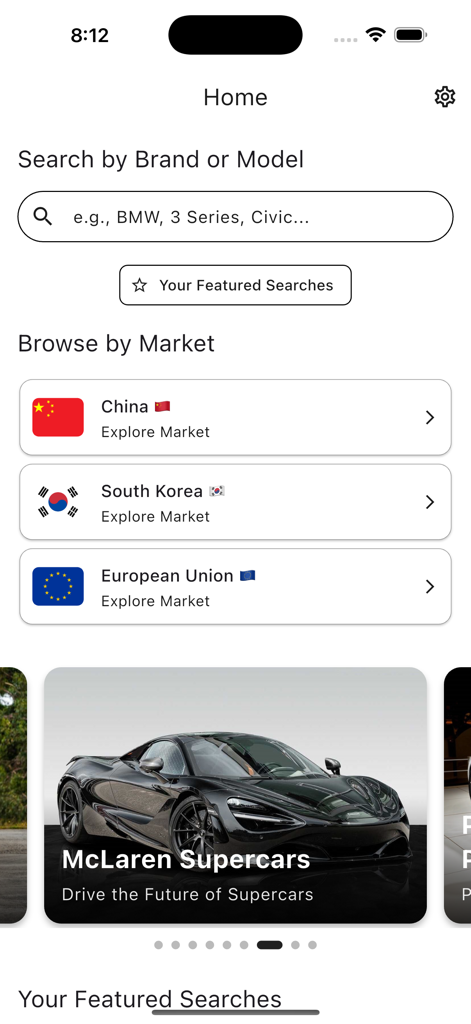 グローバルカーサーチアプリのホーム画面。中国、韓国、EUの自動車市場を閲覧するオプションと、注目のマクラーレンスーパーカーが表示されています。