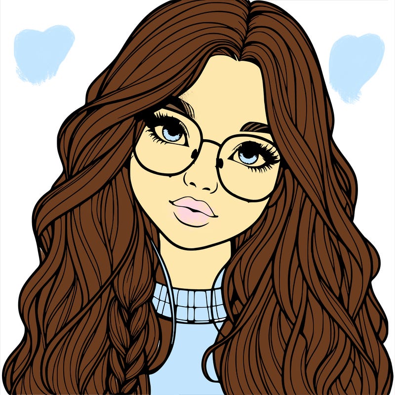 girl with long hair and freckles and glasses realistic