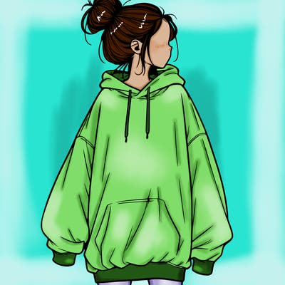 realistic girl with a oversized sweatshirt on and a bun