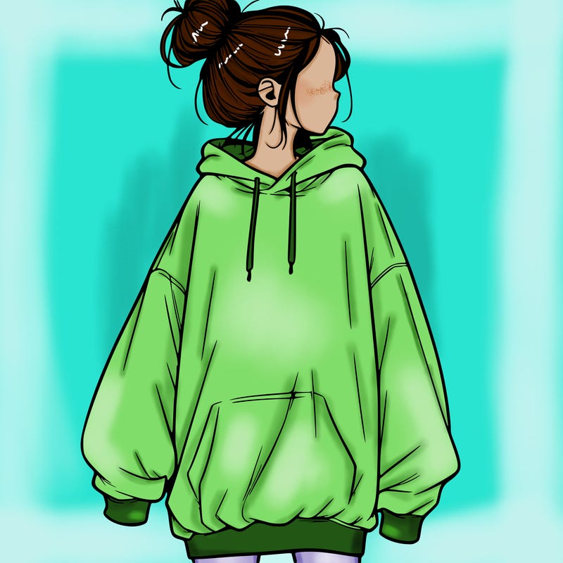 realistic girl with a oversized sweatshirt on and a bun