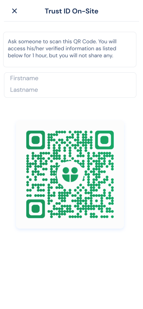 TrustMe: Your Digital Identity - TrustMe app screen featuring a QR code for secure on-site identity verification and sharing