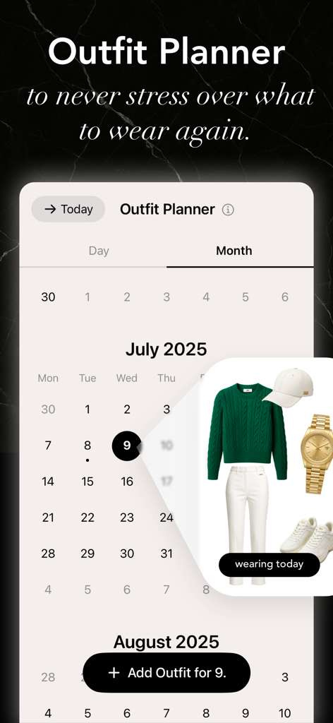 The Mue app outfit planner displaying a monthly calendar and a curated outfit preview.