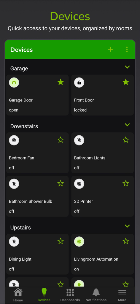 Schermata dell'app Hubitat Elevation che mostra i dispositivi della smart home organizzati per stanze