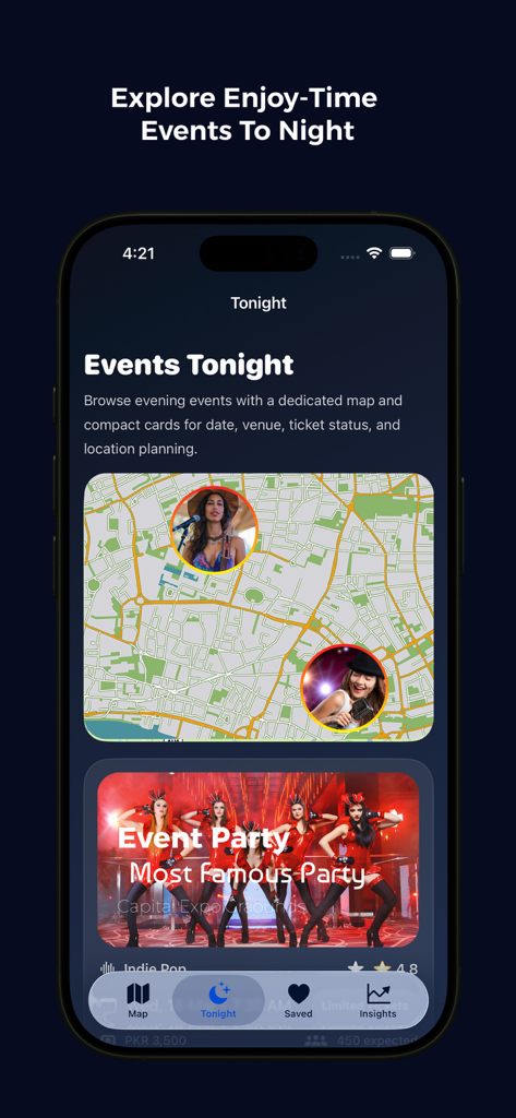 Pulse Planet - Interfaz de la aplicación móvil Pulse Planet mostrando un mapa con eventos nocturnos cercanos y una tarjeta de fiesta de evento destacada