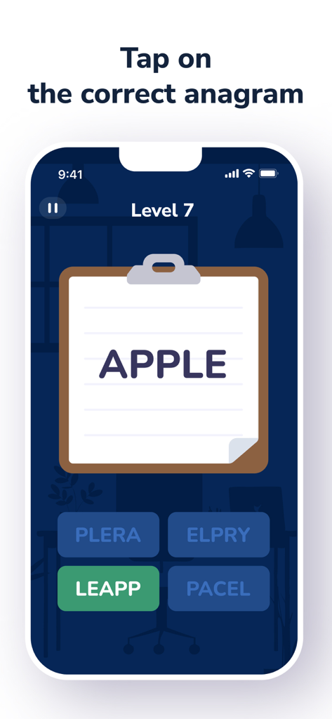 BrainSpot: Mental Test Games - BrainSpot app screen showing a word anagram puzzle level where the user must select the correct scrambled version of the word apple