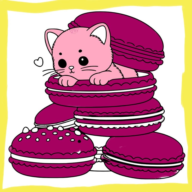 a kitten popping out of a stack of pastel macarons