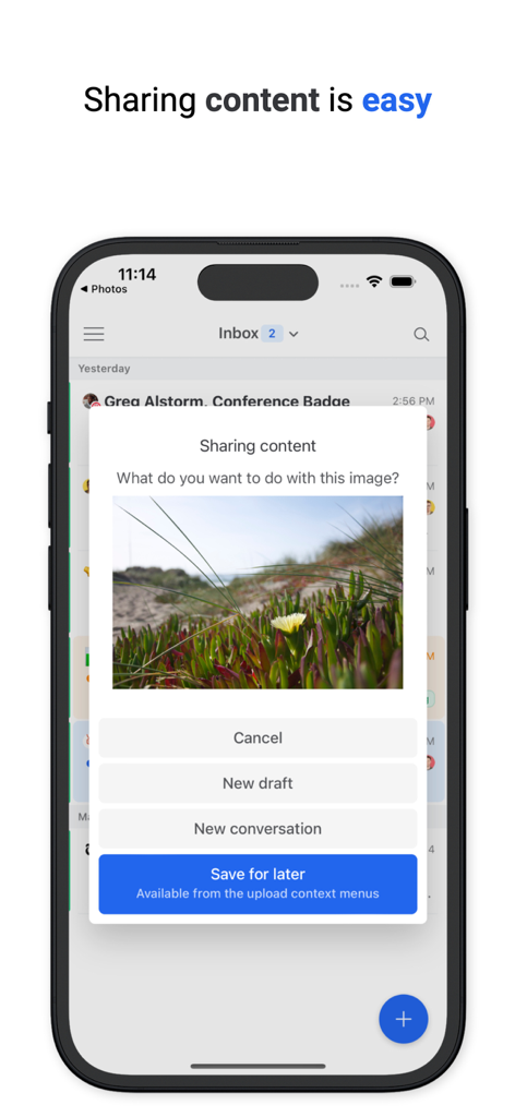 Missive app interface showing a sharing content menu with options for new draft, conversation, or save for later