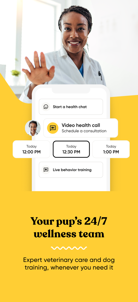 Embark Vet app interface showing 24/7 wellness team and video health call options