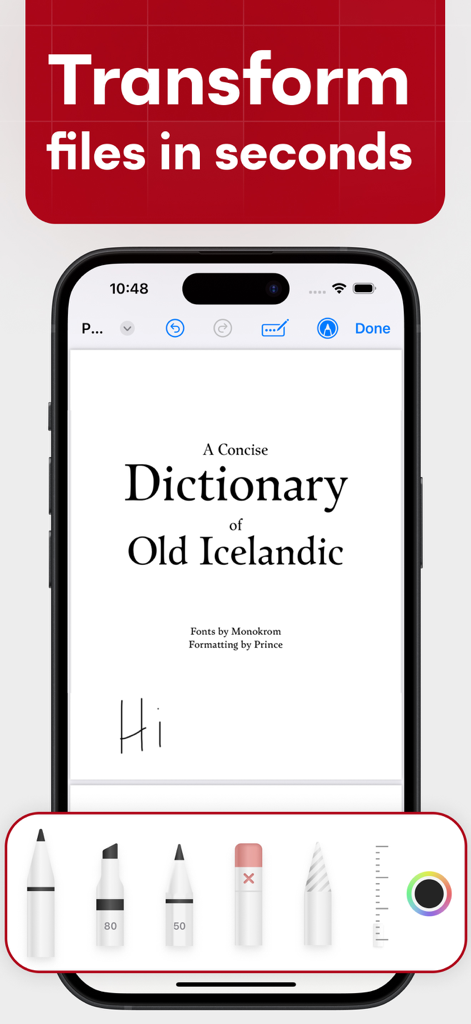 PDF Converter: Editor, Scanner - iPhone app screen showing PDF document annotation and drawing tools