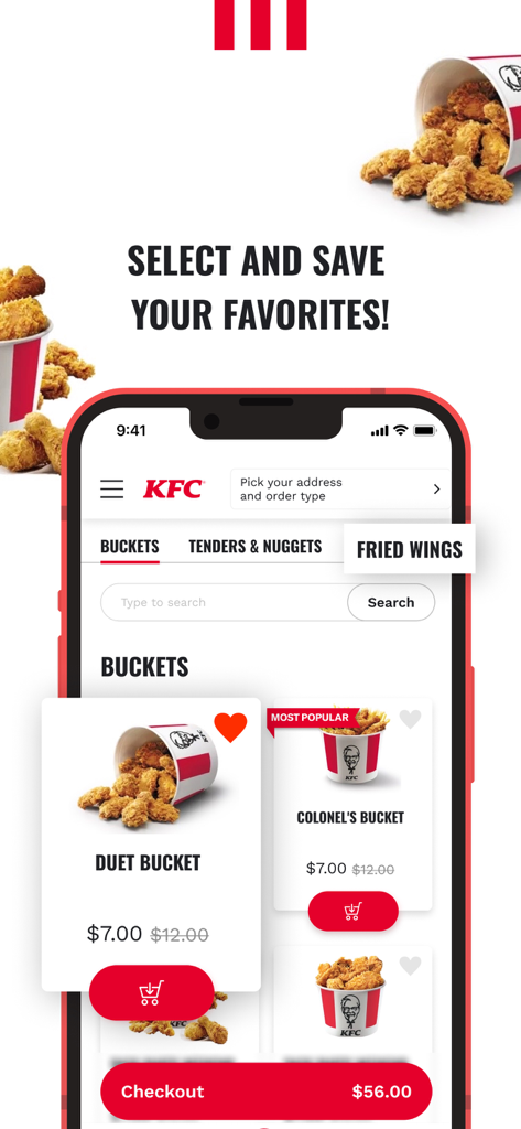 KFC Jamaica - Una pantalla de smartphone que muestra el menú de la aplicación KFC Jamaica con cubos de pollo frito y precios