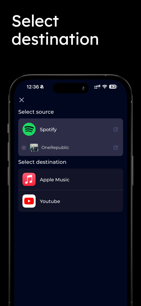 Music transfer & stats: Swapy - Interfaz de la aplicación Swapy que muestra la selección de Apple Music o YouTube como destino para la transferencia de una playlist de música