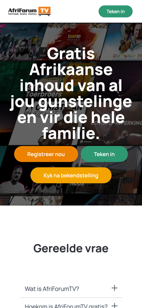 AfriForumTV - AfriForumTV landing page offering free Afrikaans content for the whole family with options to register or sign in