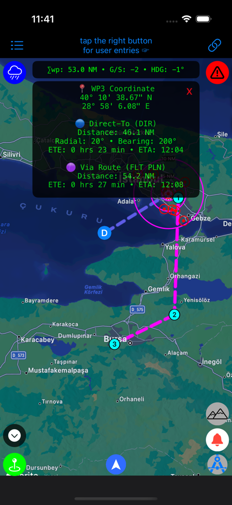 Link-H - Interface of the Link-H app showing a flight route on a map with detailed waypoint coordinates and estimated time of arrival data.