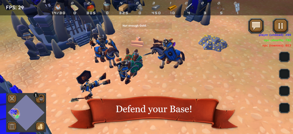 Rise of the Townies - RTS - In-game screenshot of Rise of the Townies RTS showing knights in combat near a gold mine with a Defend your Base banner.