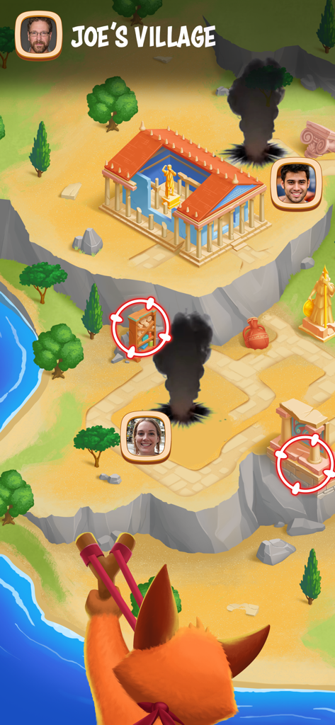 A character attacking a friend's village with a slingshot in the Tiles Of Fortune mobile game.