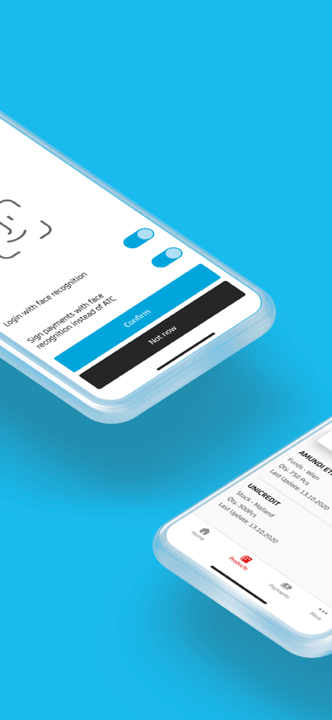 Bildschirme der Bank Austria MobileBanking-App, die die Face ID-Login-Einrichtung und eine Übersicht über das Anlageportfolio zeigen