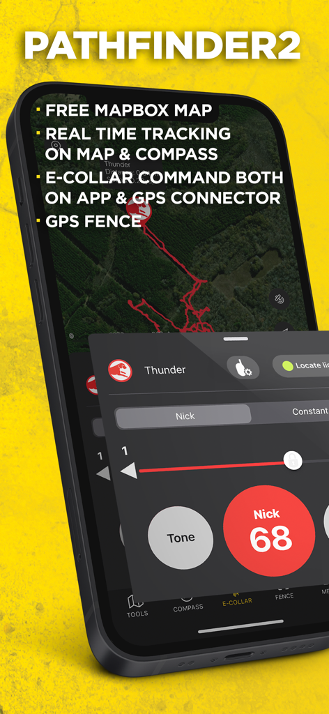 Dogtra PATHFINDER2 app interface showing real-time GPS dog tracking on a satellite map and e-collar training controls.