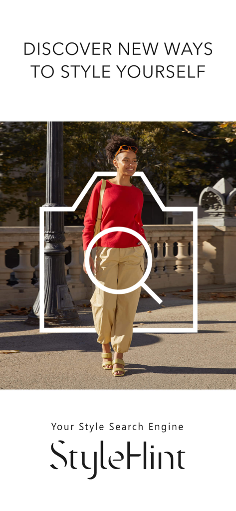 StyleHint: Style search engine - 스타일힌트 앱 시작 화면. 빨간색 스웨터와 베이지색 바지를 입은 여성이 카메라 검색 아이콘과 함께 '나만의 스타일을 발견하세요'라는 슬로건이 오버레이되어 있습니다.
