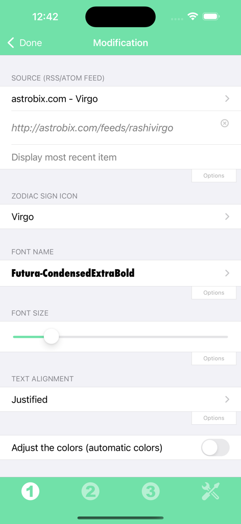 Customization screen for a Virgo horoscope widget showing font size font style and RSS feed source options