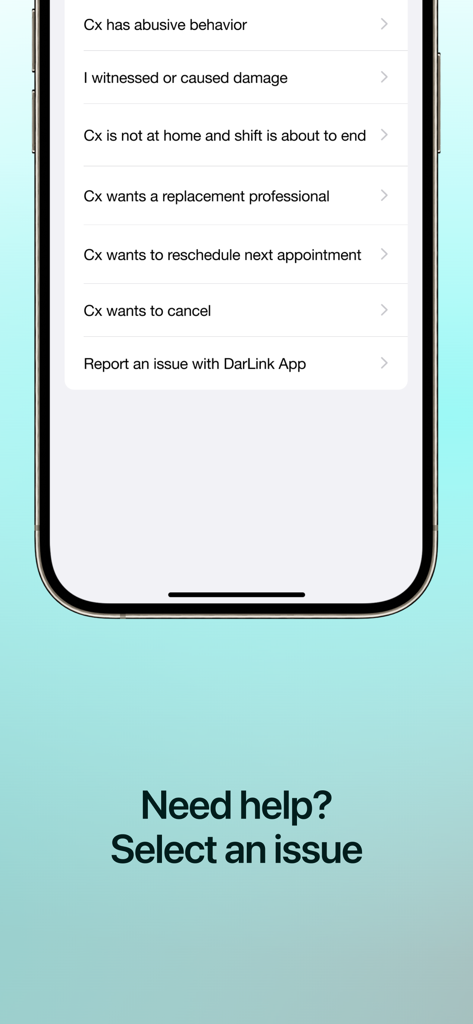 DarLink - A mobile screen from the DarLink app providing help and reporting options for healthcare clinicians.