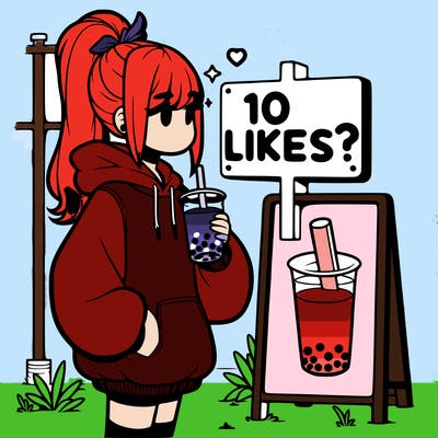 girl with oversized hoodie drinking boba and she has a high ponytail with a sign that says 10likes?