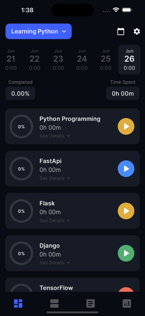 Study Tracker & Timer: TrackIt - Panel de la aplicación TrackIt que muestra una hoja de ruta de aprendizaje de Python con seguimiento del progreso para frameworks como FastAPI, Flask y Django