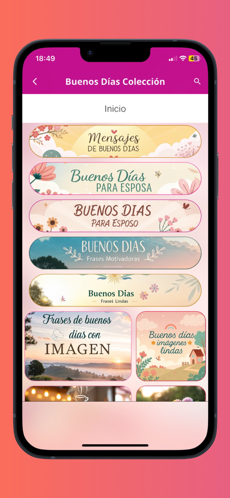 buenos días y buenas noches. - Interfaz de app móvil que muestra categorías para saludos matutinos en español y mensajes motivacionales con diseños florales.