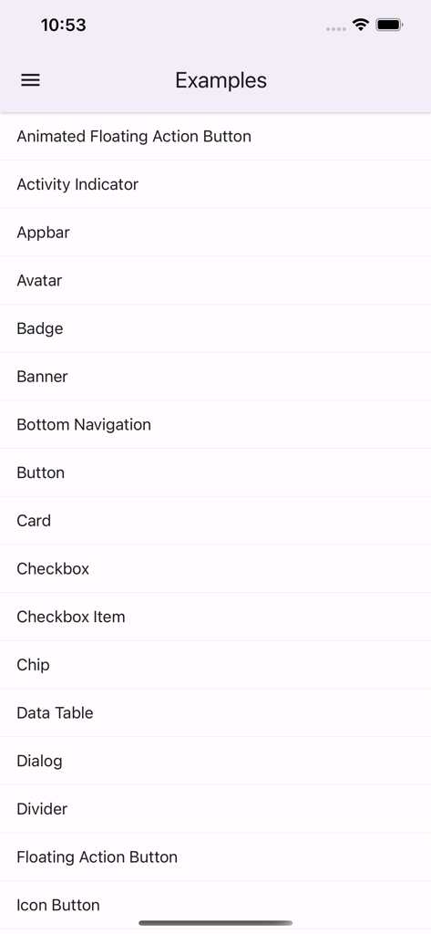 React Native Paper - A mobile app screen showing a list of available Material Design UI components such as Button Card and Dialog.