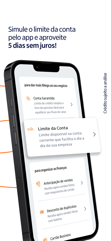 Itaú Empresas: Conta PJ - 비즈니스 신용 및 계좌 한도 옵션을 보여주는 Itau Empresas 앱 인터페이스