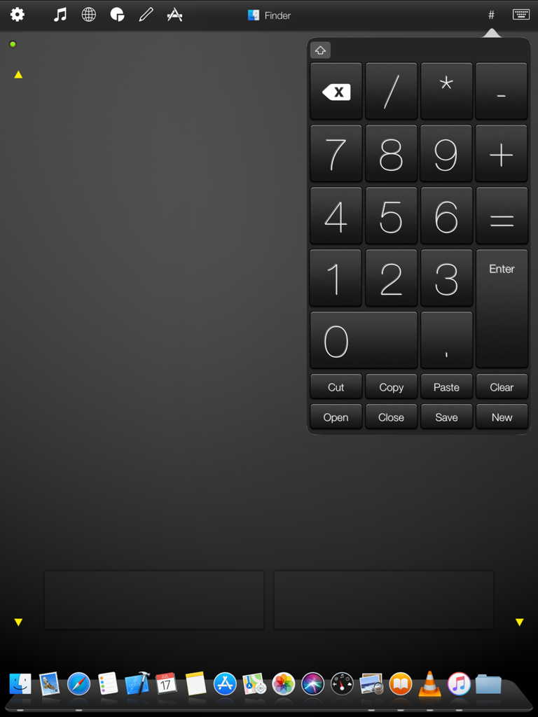 Mobile Mouse iPad app interface featuring a numeric keypad overlay and a macOS style dock for remote computer control