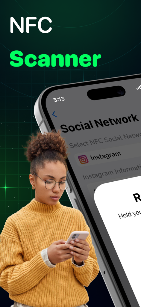 NFC Tools & RFID Scanner - A woman using the NFC Tools and RFID Scanner app on her phone to share social media information