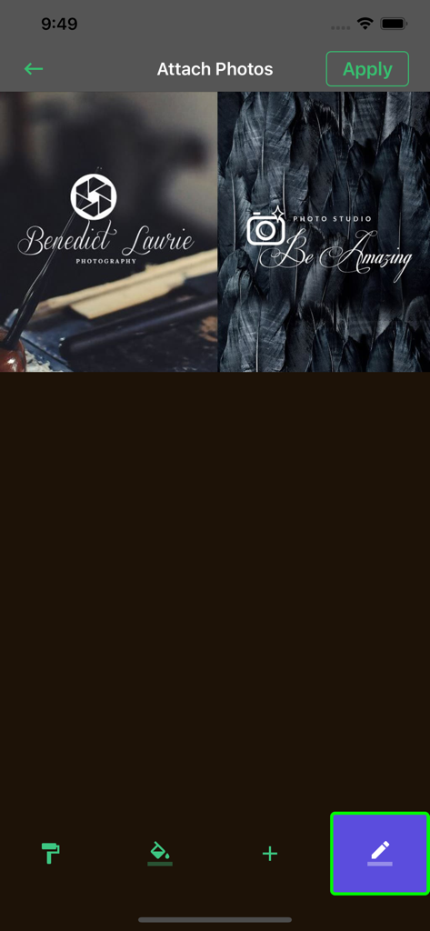 Interface do aplicativo Photo Lab mostrando modelos de marca d'água e branding para fotos