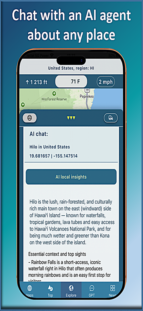 Trail Explorer - Trail Explorer app screen showing AI chat providing local insights and top sights for Hilo Hawaii