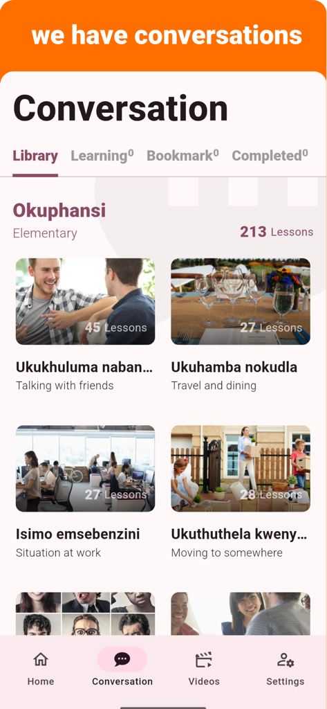 Zulu - Listening Speaking - Zulu language learning app showing conversation lessons for elementary level