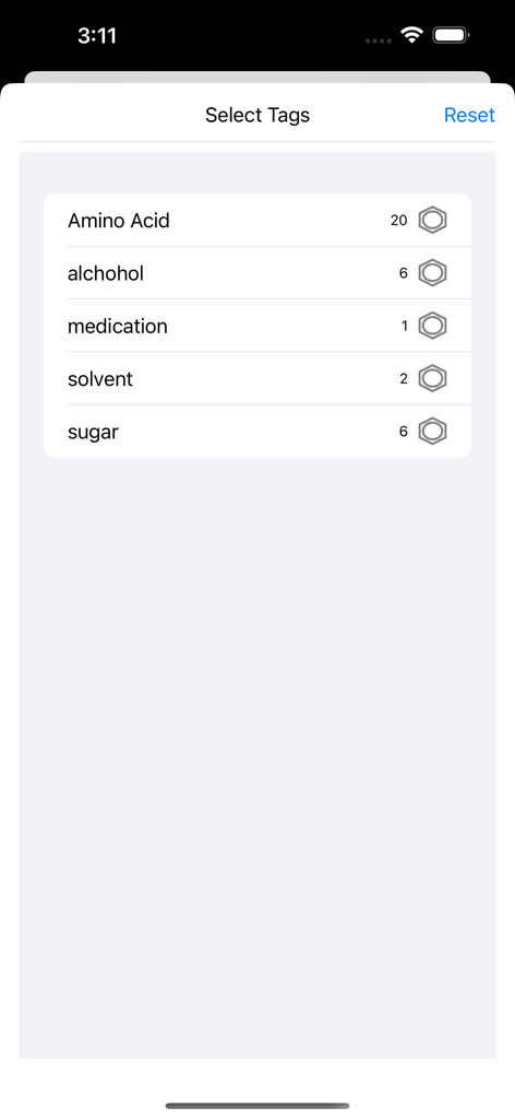 Search PubChem - A screen in the Search PubChem app for selecting tags like amino acid and solvent