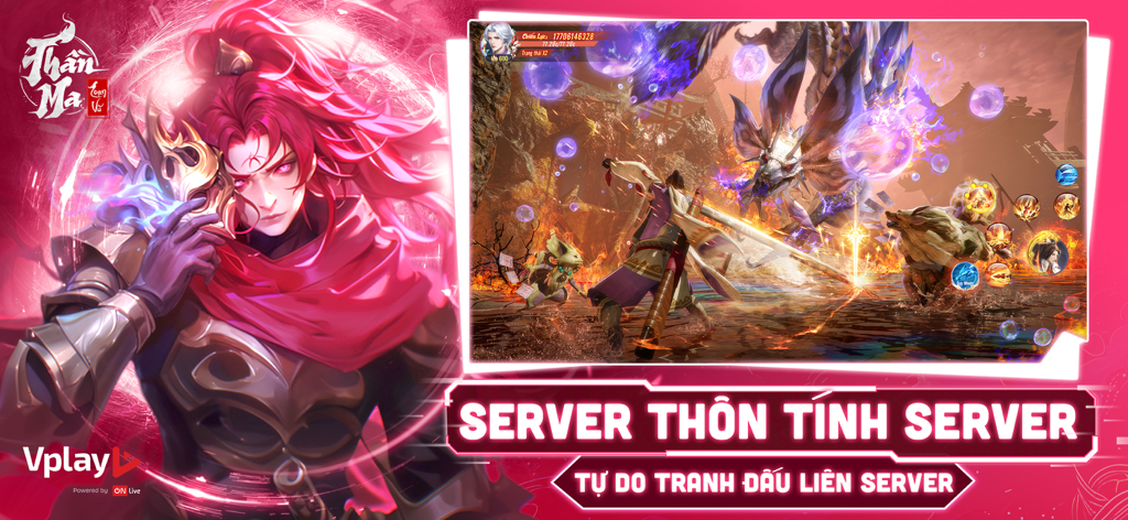Thần Ma Loạn Vũ - Vplay - Captura de pantalla del juego móvil Than Ma Loan Vu Vplay mostrando un personaje de pelo rojo y una batalla contra un jefe interservidor