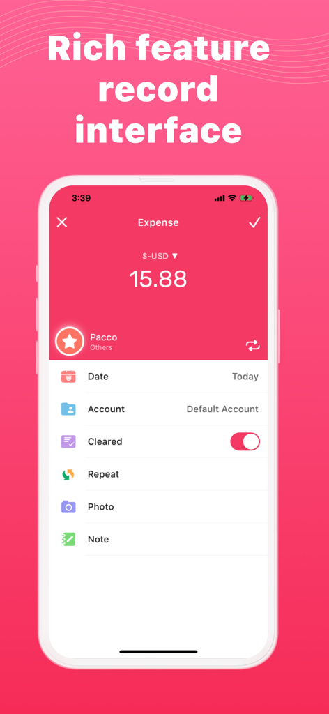 Money Manager: Budget Expense - Mobile app screen showing the expense record interface for tracking daily budgets and spending.
