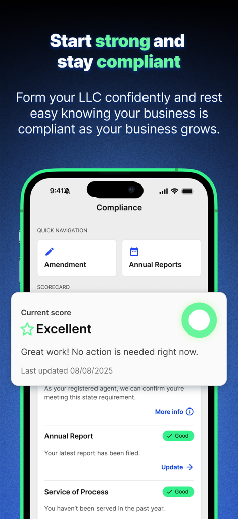 ZenBusiness: LLC & Compliance - ZenBusiness app displaying an excellent business compliance score and status for an LLC