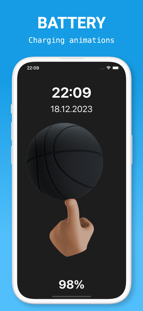 AI Cleaner—Clean Phone Storage - iPhone screen showing a 3D basketball spinning on a finger as a custom battery charging animation