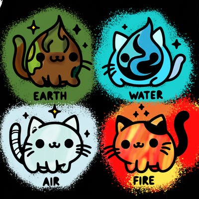 4 cats that represent the different elements, earth, water, air, and fire