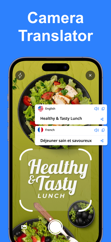 Voice Translator AI: Translate - Aplicativo Voice Translator AI mostrando o recurso de tradutor de câmera traduzindo um menu de almoço de inglês para francês