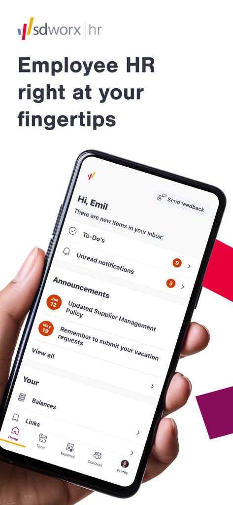 Daily by SD Worx - Mão a segurar um smartphone a mostrar o painel da aplicação móvel de RH Daily by SD Worx com notificações e tarefas dos funcionários