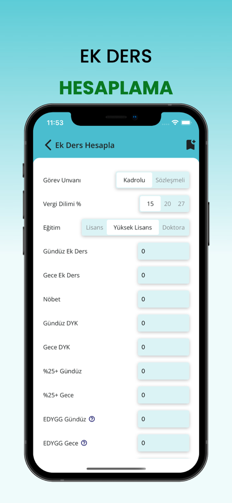 Öğretmen Evrak - A mobile app interface for calculating additional lesson payments for teachers with fields for status tax bracket and education level