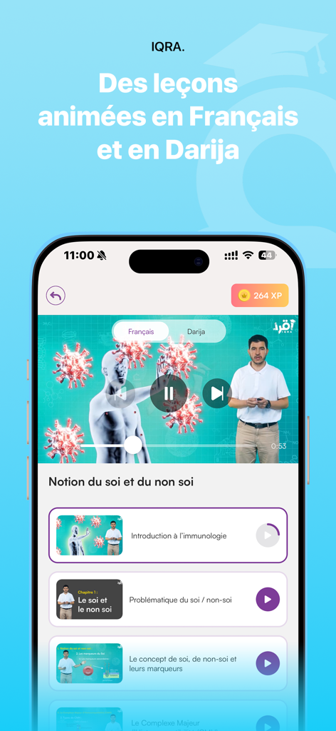 IQRA app interface showing animated video lessons in French and Darija.