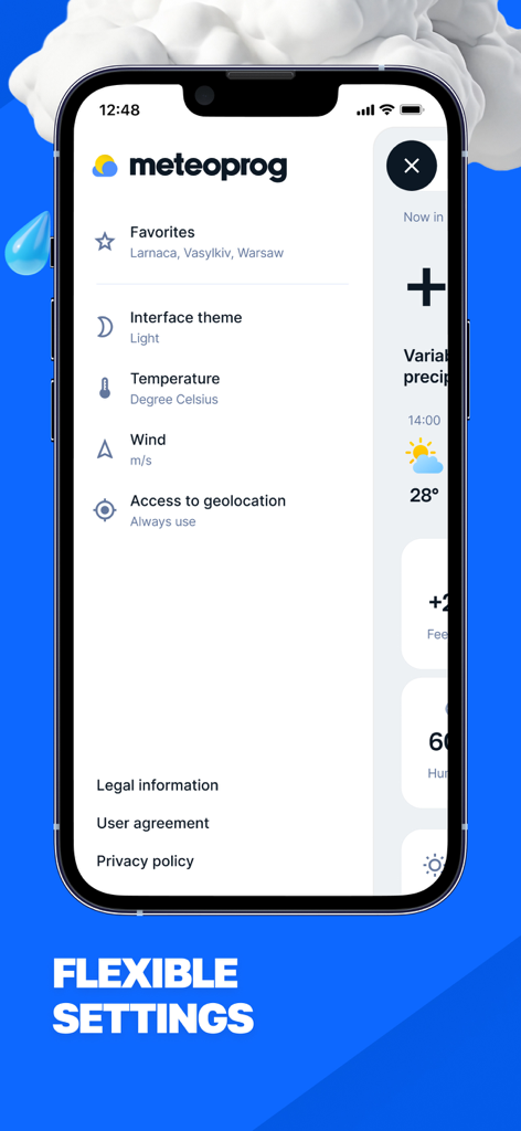 Meteoprog - Weather Forecast - Schermata delle impostazioni dell'app meteo Meteoprog che mostra opzioni di personalizzazione per unità di misura e temi dell'interfaccia